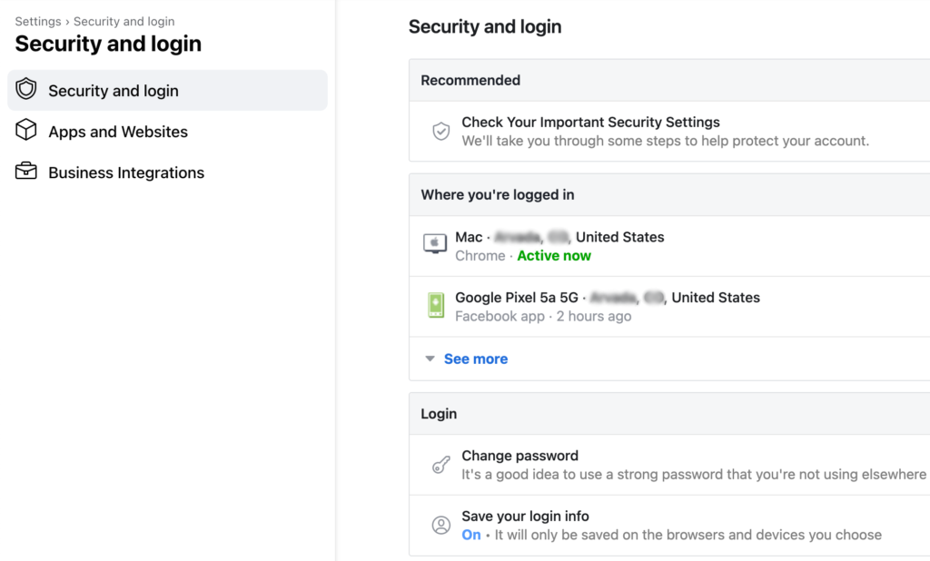 Where You're Logged In on Facebook in Settings / Security and Login